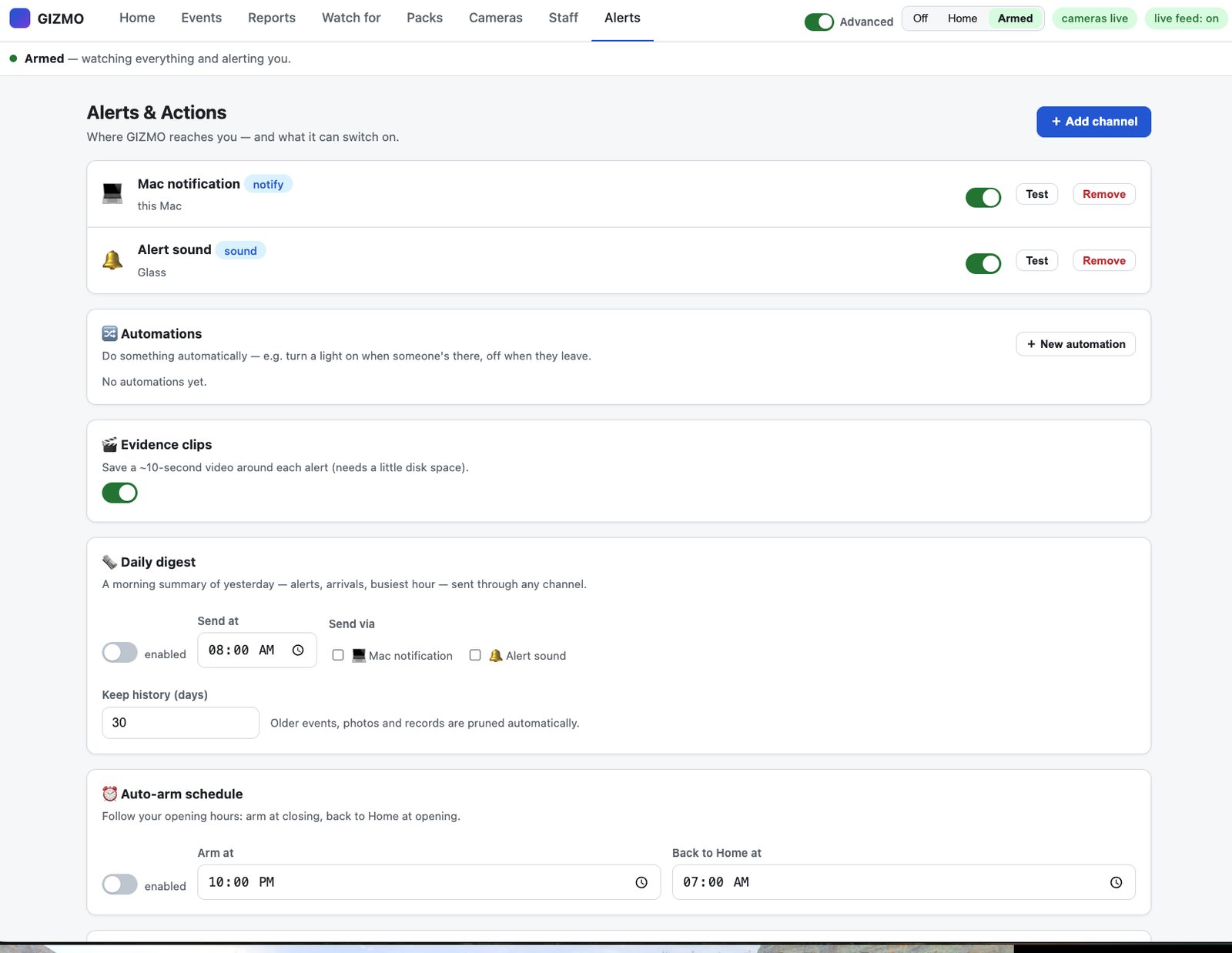 Alerts and actions — notification channels, automations, evidence clips, daily digest and auto-arm schedule.